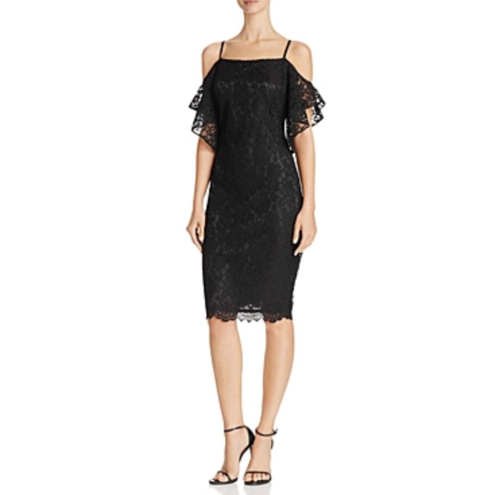 Laundry Black Lace Cold Shoulder Cut Out Midi Sheath Cocktail Dress Size 6
